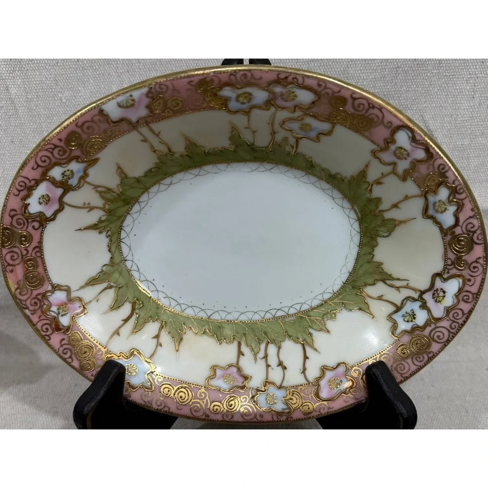 Antique Art Nouveau Hand Painted Floral Porcelain Oval Bowl Gold Moriage 1900s
